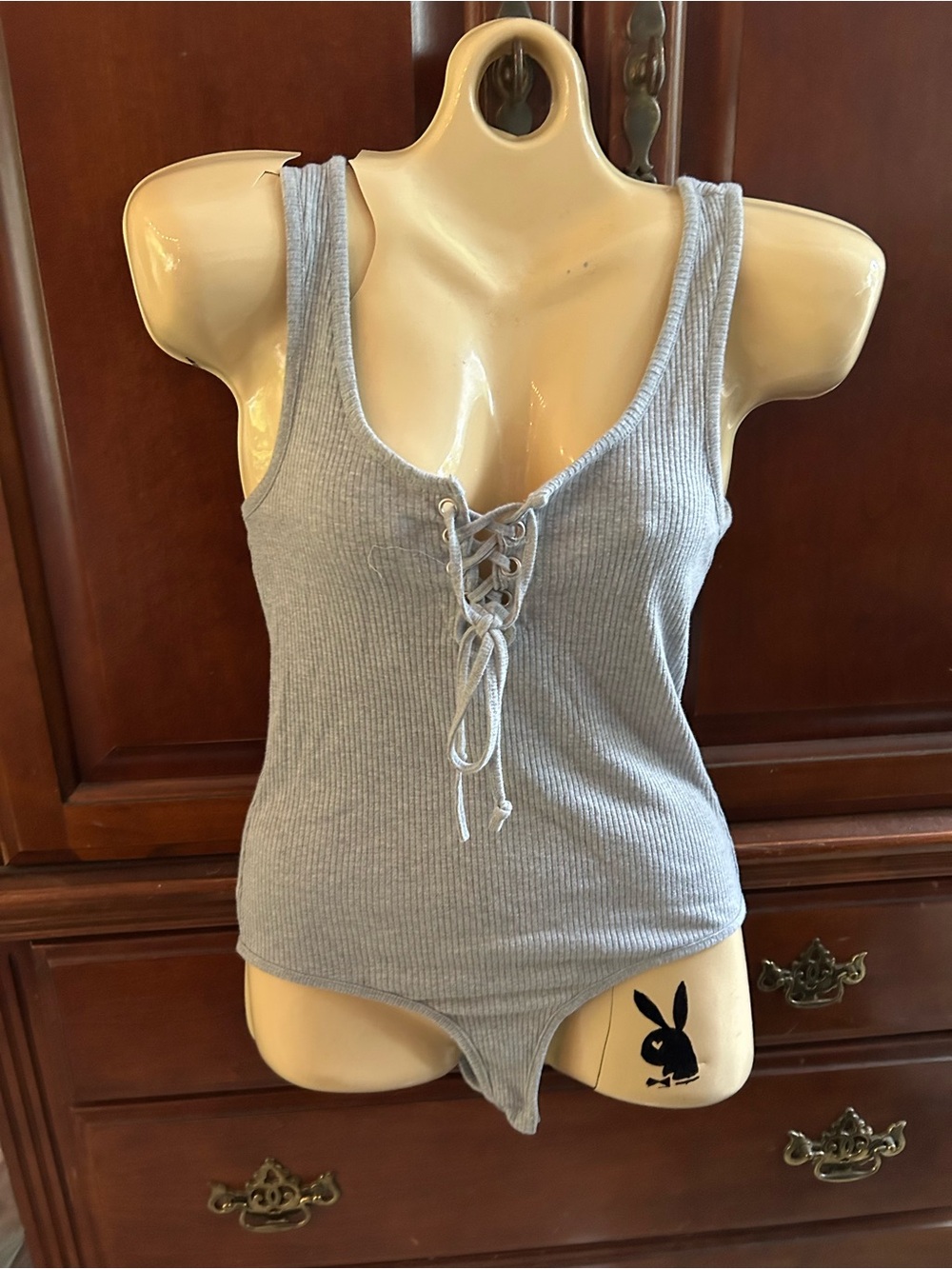Rue21 Gray Ribbed Lace-Up Tank Bodysuit